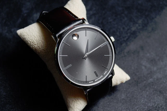 Movado Ultra Slim Men's Black Watch Swiss Made Quartz Movement Museum Dial