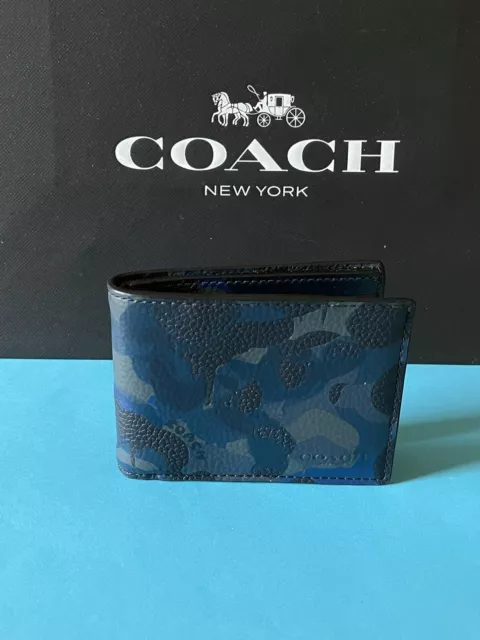 NWT Coach Slim Billfold Wallet With Camo Print Blue/Midnight Navy Leather