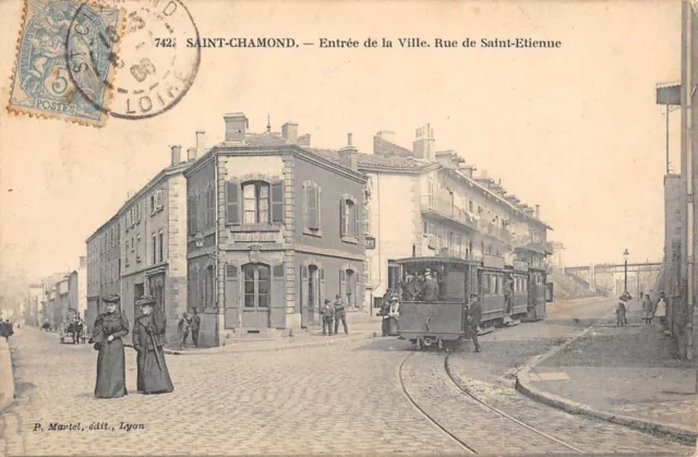 Cpa 42 Saint Chamond / Entree De La Ville / Rue De Saint Etienne / Tramway