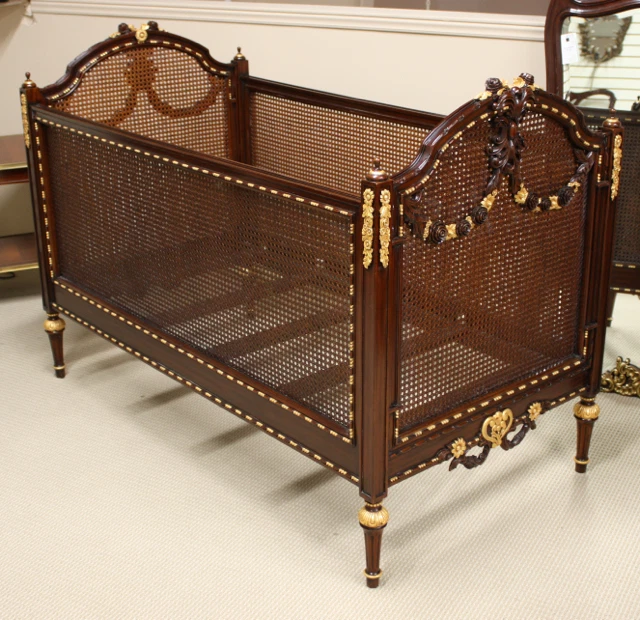 Louis XVI small child's bed crib carved mahogany with full gilt gold accents