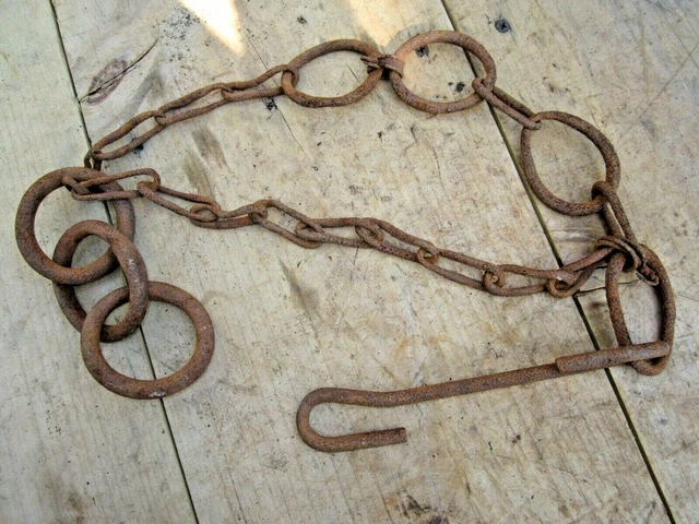 Antique Hand Wrought / Forged 31 1/2" Chain, Rings, & Hook