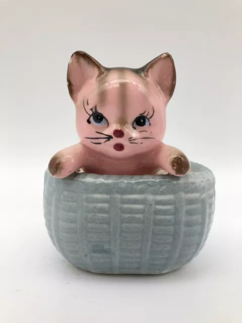 Pink Kitty Cat Blue Basket Porcelain Ceramic Figurine Vintage 1959