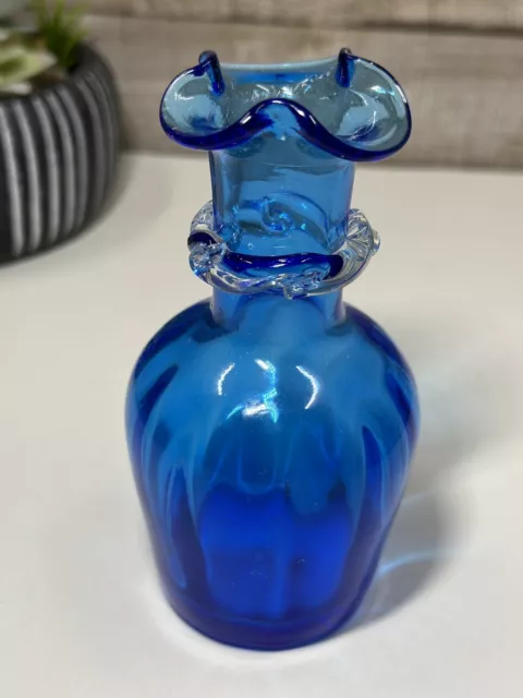 Pilgrim Glass Cobalt Blue Vase Hand Blown 5” with Clear Rigaree Ruffled Edge