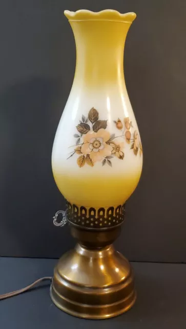 Vtg. Oil Lamp Shaped Electric Milk Glass Hand Panited Hurican Shade Table Lamp