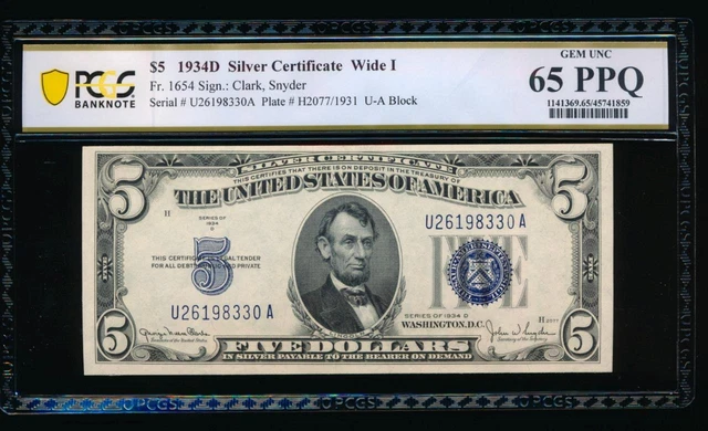 AC 1934D $5 Silver Certificate PCGS 65 PPQ U-A block Wide I Fr 1654 !!!