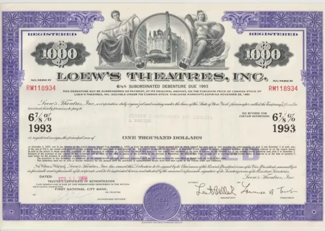 $1,000 Loew's Theatres, Inc Bond Stock Certificate New York