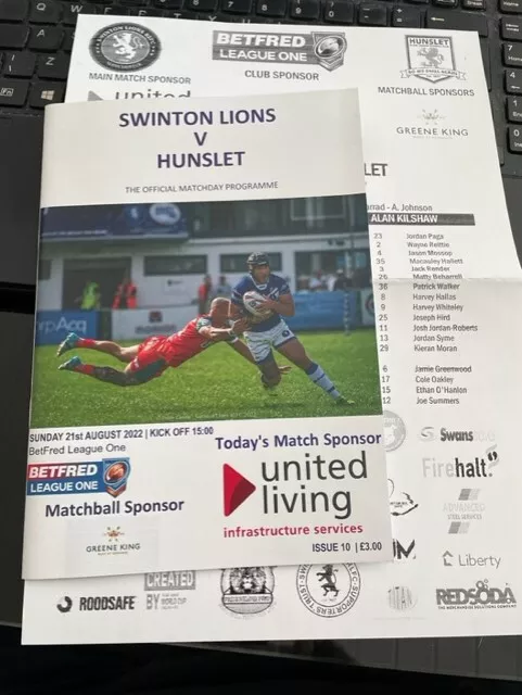 2022 Swinton Lions V Hunslet + Team Sheet