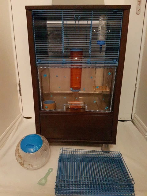 Beautiful  Omlet Qute Hamster / Gerbil Cage Dark Wood Effect And Blue