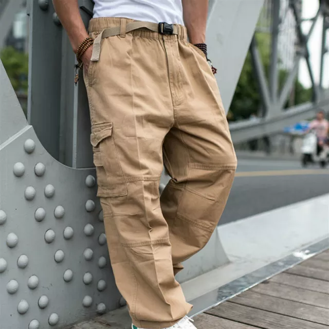 Mens Hip Hop Loose Baggy Pants Loose Fit Elastic Waist Casual Cargo Trouser