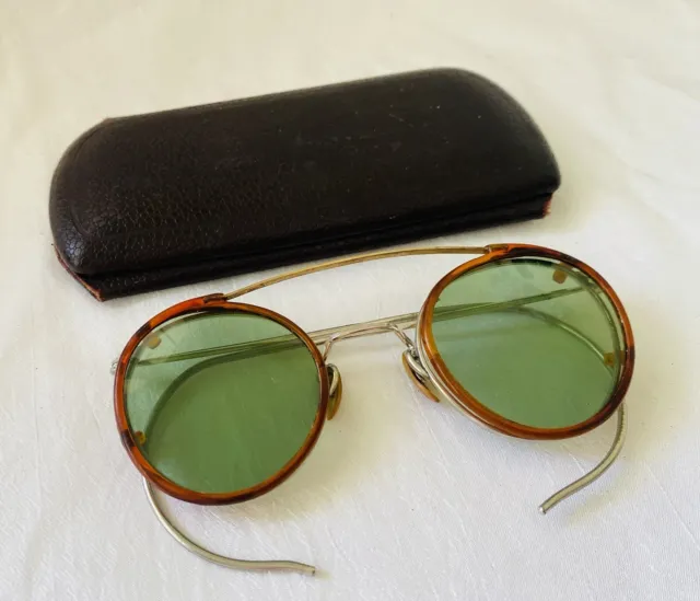 VINTAGE Silver Tone A.O. Co FUL-VUE Frames Eyeglasses w/ Green CLIP ONS w/ Case