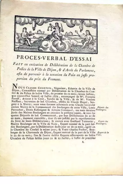 Mémoire décrivant différents essais fabrication de pain sous contrôle Dijon 1777