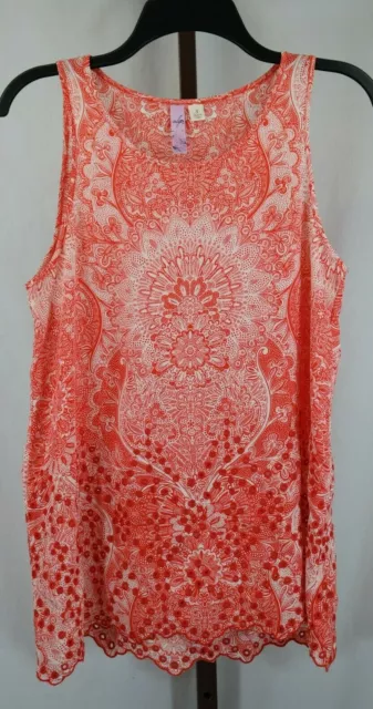 Alya Ladies Womens Orange White Print Sleeveless Tunic Top Blouse Size Small