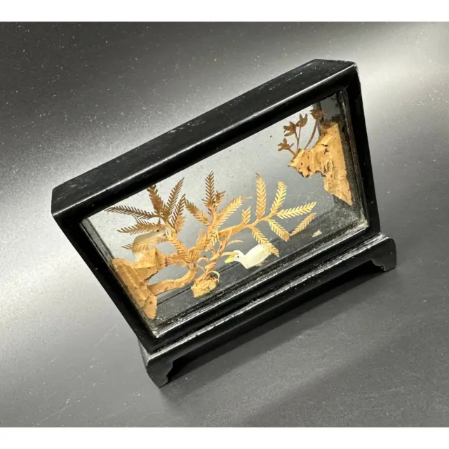 Vintage Cork Diorama Chinese Carved Cranes Shadow Box Black Lacquer Asian Decor