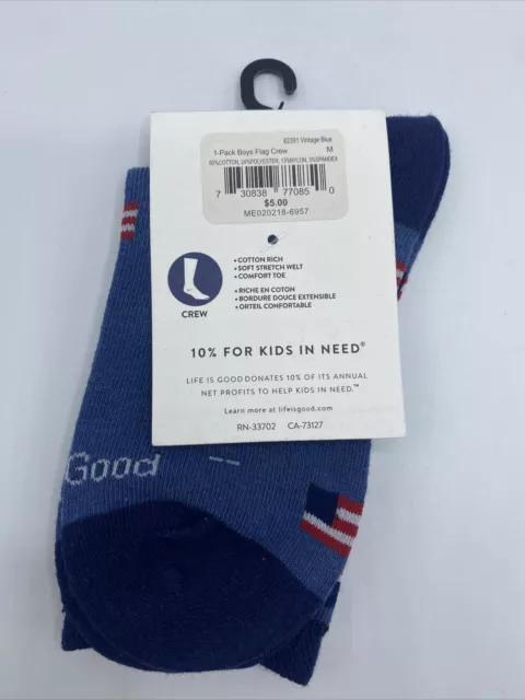 American Flag Boys Socks Life is Good Crew Sock 2 Pair Blue Size M New w/Tag 3