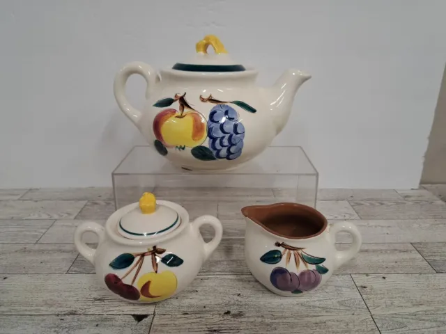 Stangl Pottery Della-Ware Festival Tea Set Pot Creamer Sugar Bowl Fruit Pattern