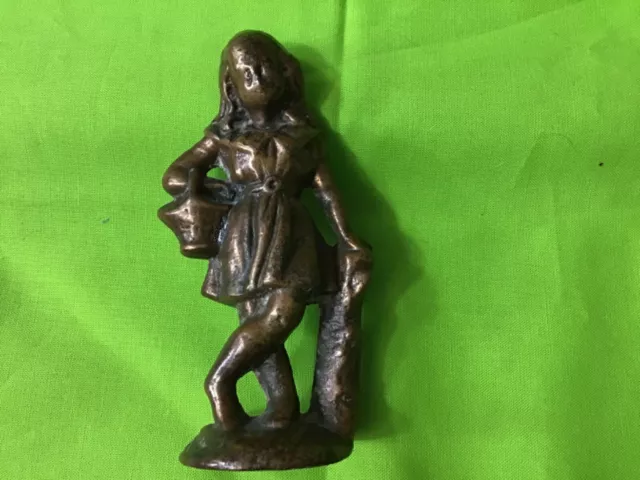Vintage Solid Brass Lady Girl Statue Figurine Holding Flower Basket 4 1/2”
