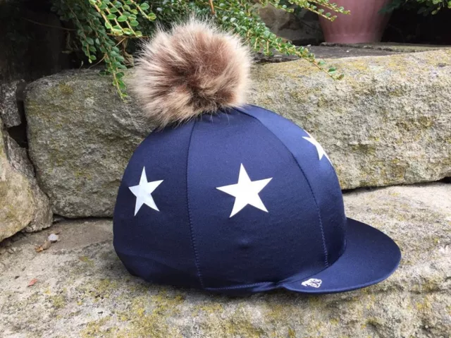 SXC Custom Printed Stars Lycra Riding Hat Silk Cover with Faux Fur Pompom