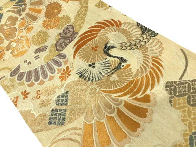 6276050: Japanese Kimono / Antique Nagoya Obi / Woven Crane With Fan & Kiku