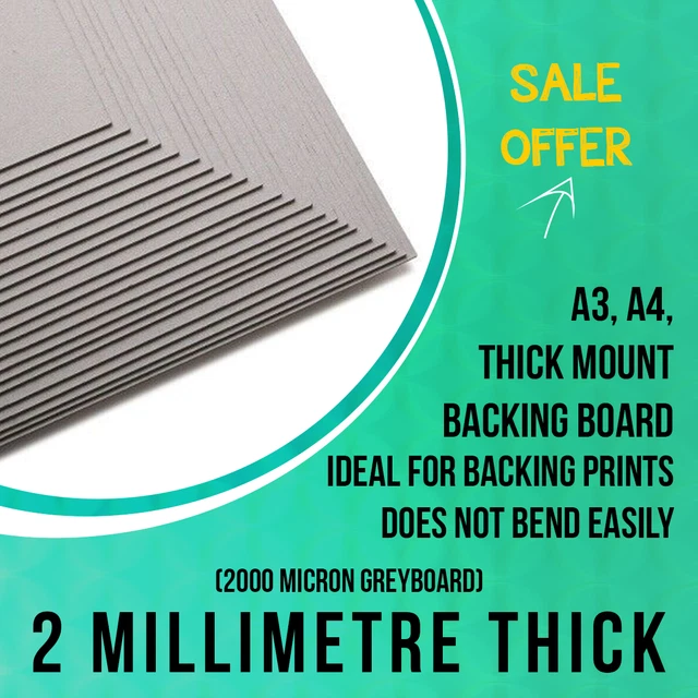 2000 MICRON GREYBOARD, A3, A4, 2mm Card, Thick Mount Backing Board ...