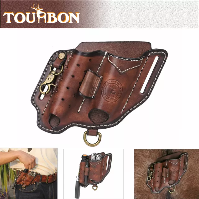 Tourbon Leather EDC Multitool Sheath Flashlight Holder Pen Belt Holster Camping