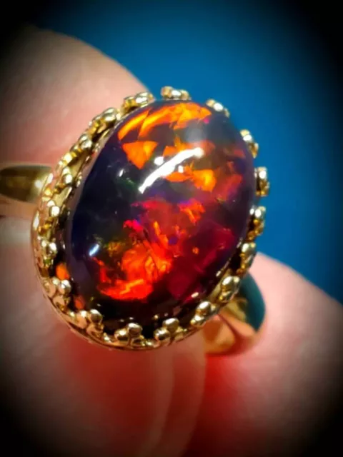 AAA Natural Multi Fire Black Opal Ring, 925 Sterling Silver 22k Gold Plated Ring