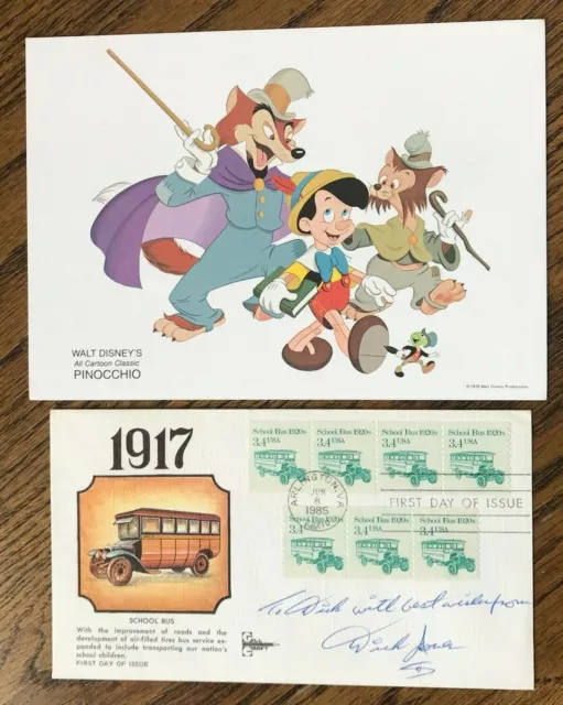 Dickie Jones Voice of Pinocchio Signed Envelope + Walt Disney's Pinocchio Card