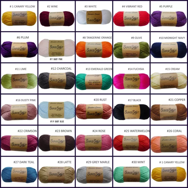 Knitting Yarn 5x100g 8ply 100% Acrylic Super Soft Yarn Solid Colours