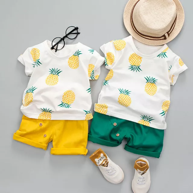 Toddler Baby Kids Boys Pineapple T-shirt Tops Solid Short Casual Outfit Set AU