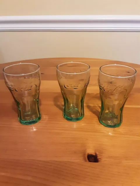 Coca-Cola Coke Mini Green Glasses 6 Oz. 4 1/2" Tall Set of 3.