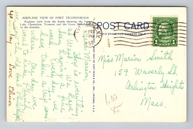 Airplane Aerial View Fort Ticonderoga New York Postcard c1937 2