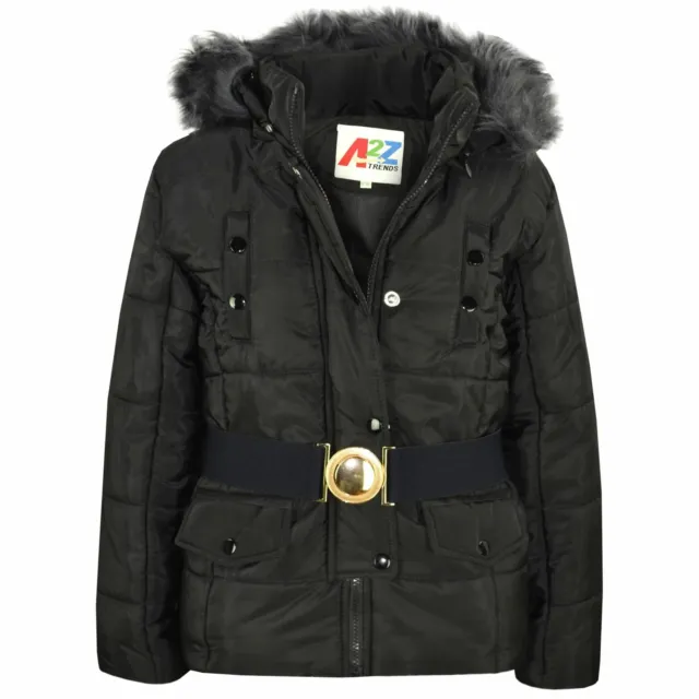 Kids Girls Puffer Jackets Black Faux Fur Hooded Padded Zipped Belted Warm Coats