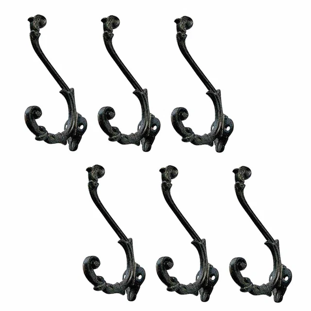 Black Wrought Iron Double Hook Rustic 6" L Wall Mount Rust Resistant Pack of 6