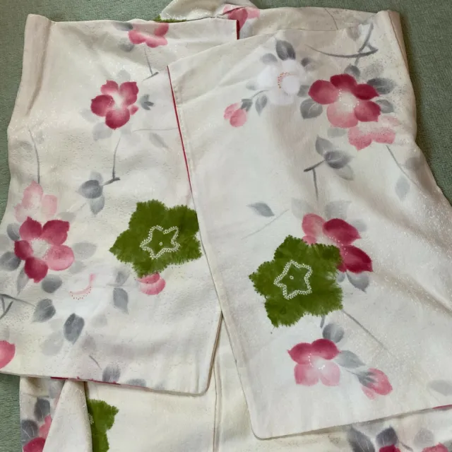 Japanese Rinzu silk Kimono robe floral fabric Shibori green red cream glossy VTG