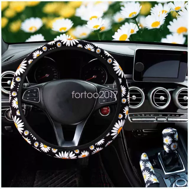 Car Accessory Kit Daisy Print Steering Wheel Cover Handbrake Gear Shift Cover