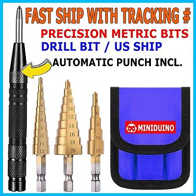 HSS 4PCS Titanium Step Drill Bit Set W Automatic Center Punch High Speed Steel