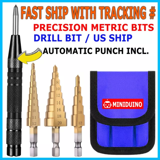 HSS 4PCS Titanium Step Drill Bit Set W Automatic Center Punch High Speed Steel