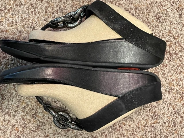 NIB NEW FitFlop Wedge Thong Sandal 41 Women 9 M Black Superchaain Leather 3