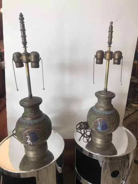 Pair Of Antique Asian Champleve  Bronze-Brass Lamps Enamel