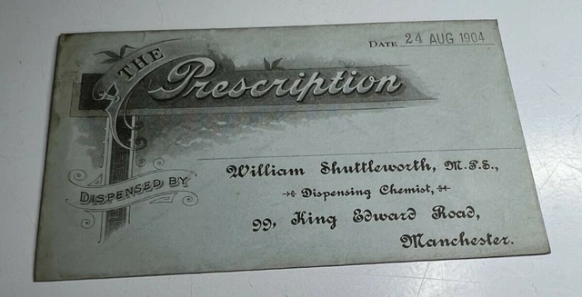 1904 Antique Prescription Envelope Shuttleworth Chemist King Edward R Manchester
