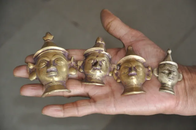 4 Pc Old Brass Handcrafted Tribal God Face Figurine / Mask , Nice Patina