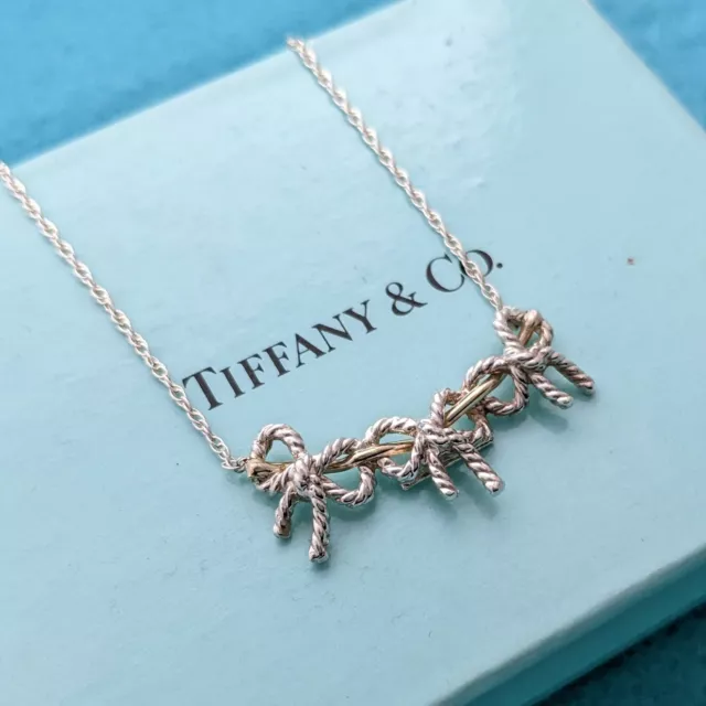 Tiffany & Co Triple Ribbon Bow Pendant Necklace Silver 925 & 18K Yellow Gold 18"