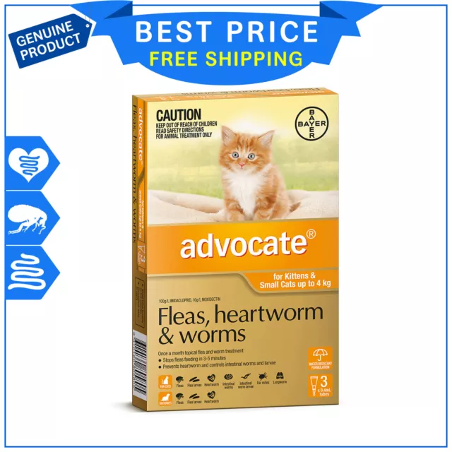 ADVOCATE for Cats Upto 4 Kg Orange Pack 3 Pipettes flea heartworm worm treatment