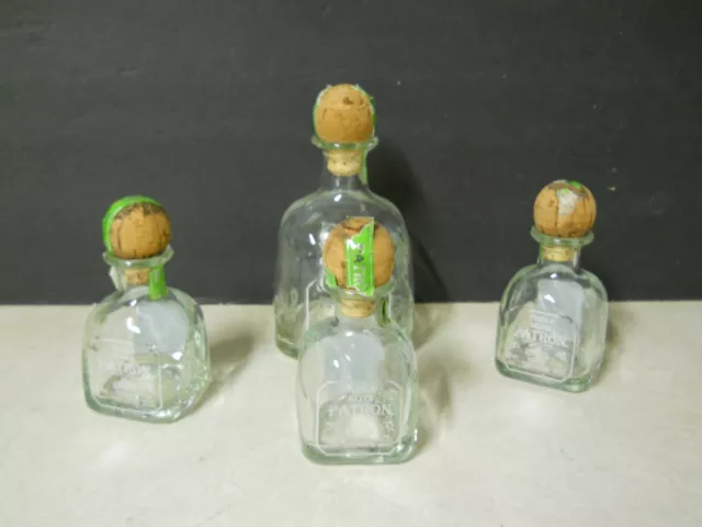 x4 Glass Patron Silver Tequila Bottles 50ml & 200ml Empty Collectible w/ Corks