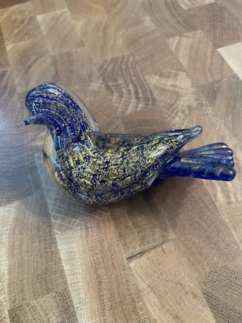 Vintage Art Glass Bird Cobalt Blue Gold Fleck Foil Paperweight