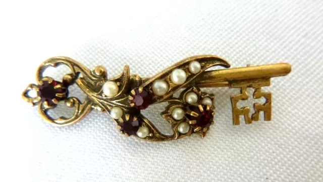 Vintage Skeleton Key Pin Intricate Seed Pearl & Rhinestone Overlay