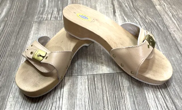 VTG Dr Scholls Original Wooden Clogs Exercise Sandals Shoes Tan Italy Size 8