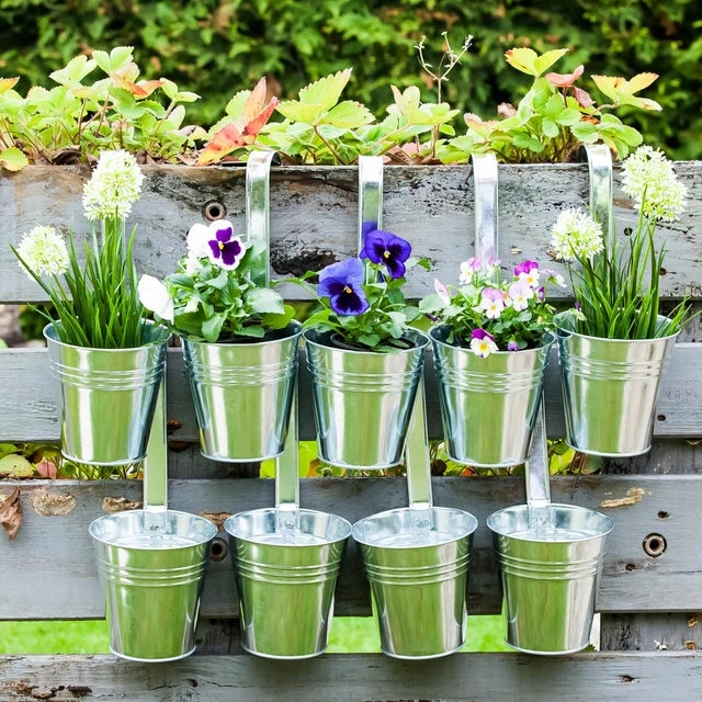 9 x Blumentopf Balkon Zaun Hängetopf Pflanztopf Hängetöpfe Kräutertopf Zink Deko
