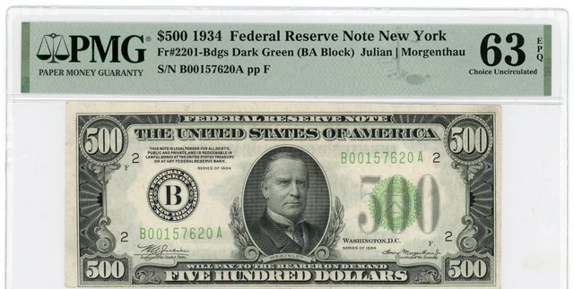 NobleSpirit No Reserve US 2201-Bdgs 1934 $500 FRN Dark Green NY PMG 63 EPQ
