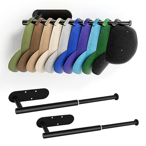 Hat Rack for Baseball Caps, 2 Pack Metal Retractable Wall Hat Organizer Black