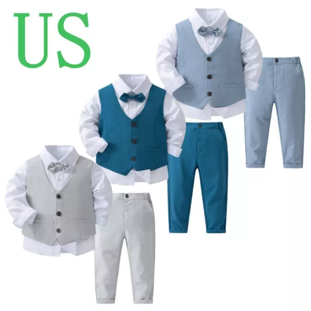 US Toddler Boys Gentleman Suit Bow Tie Dress Shirt Vest Pants Wedding Outfits